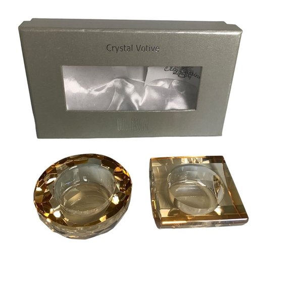 Oleg Cassini Honey Iridescent Crystal Votive Candle Holders Faceted Set of 2 Box - Picture 1 of 12
